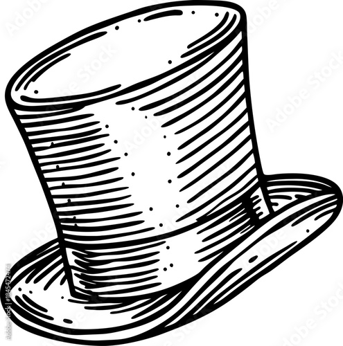 Tall vintage top hat isolated on white background, classic formal gentleman accessory illustration