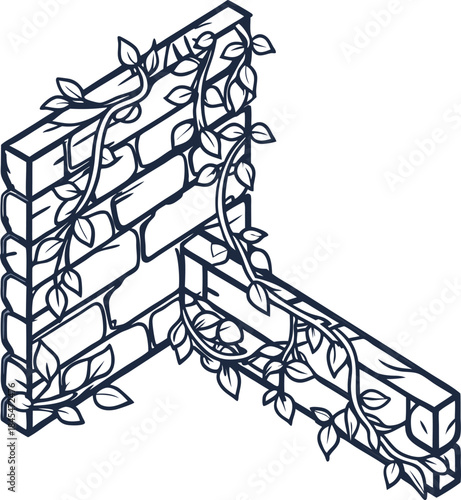 brick corner wall with climbing ivy vines, minimalist decorative architectural illustration