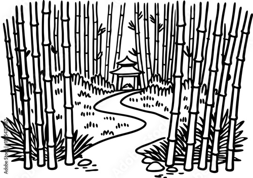 Serene bamboo forest path leading to traditional pavilion in tranquil nature landscape