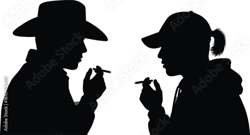 Silhouette of two people smoking, facing each other with distinct hats, expressive posture and identity contrast concept graphic