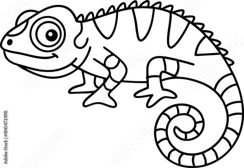 Cute chameleon outline reptile with curled tail for kids coloring page design