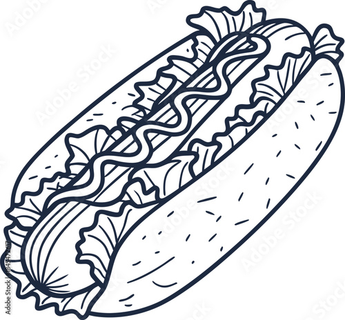 Classic hot dog with sausage, lettuce and sauce in bun minimal line art illustration
