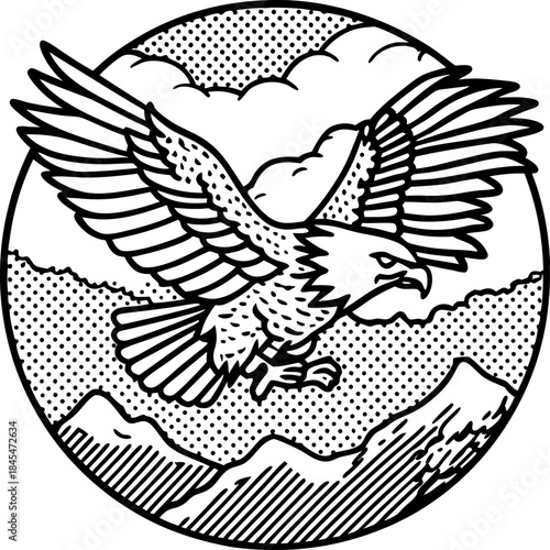 flying eagle in circular mountain landscape emblem with detailed wings and cloudy sky illustration