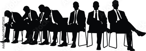Businessmen silhouettes sitting in row with different body language from defeated posture to confident professional success and leadership