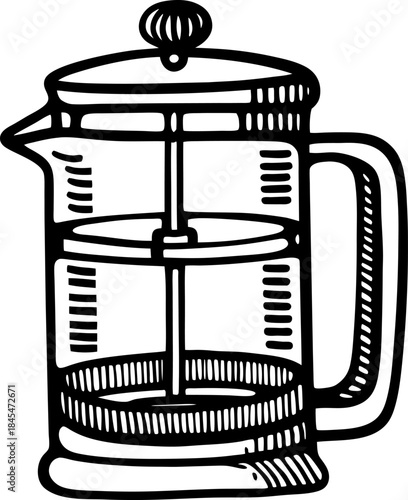 French press coffee maker outline illustration with glass carafe, plunger and handle on white background