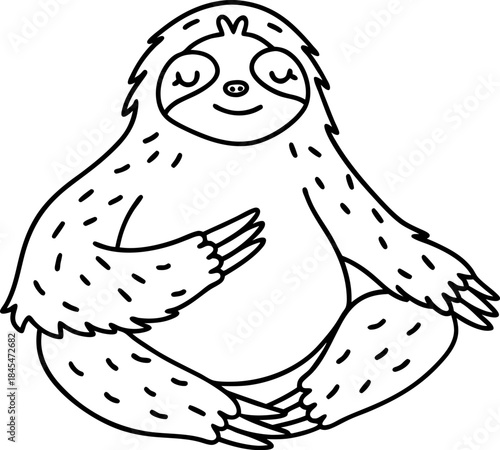 Relaxed meditating sloth sitting in lotus pose with peaceful smile and closed eyes