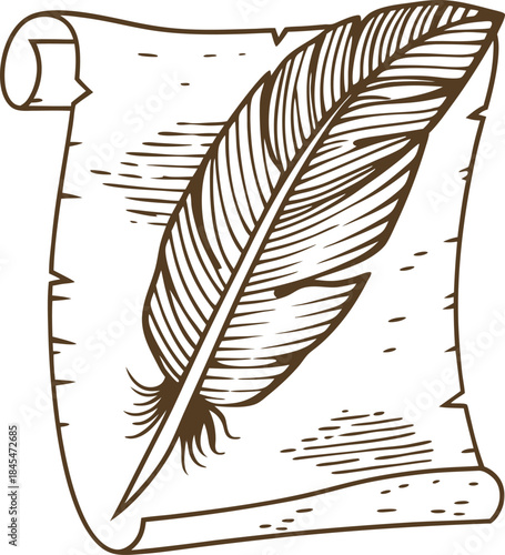 Ancient parchment scroll with vintage quill feather pen symbolizing writing, literature and historical manuscripts