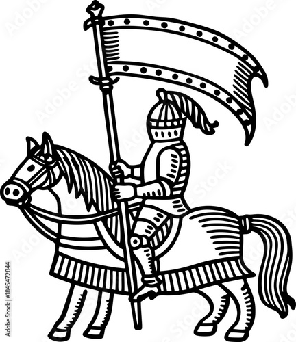 Knight on armored horse holding banner, medieval cavalry warrior with lance and flowing flag illustration