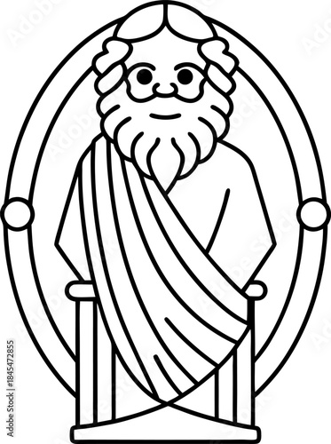 ancient greek philosopher in traditional toga speaking from podium within ornamental frame