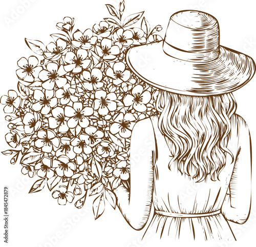 An engraving art style illustration woman in a hat holding a large bouquet of flowers from behind