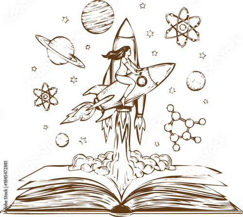 An engraving art style illustration a brown line drawing of a rocket launching from an open book with planets and science symbols floating in the air
