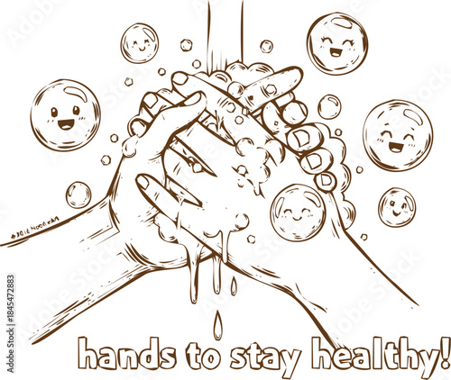 An engraving art style illustration hands washing with soap bubbles and smiley faces to stay healthy and clean