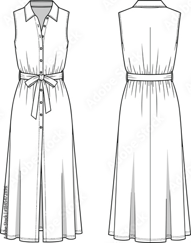 Sleeveless button front belted dress fashion flat technical illustration midi maxi silhouette garment template with waist tie and front placket design