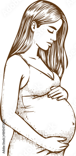 An engraving art style illustration a pregnant woman cradling her belly with both hands in a tender moment