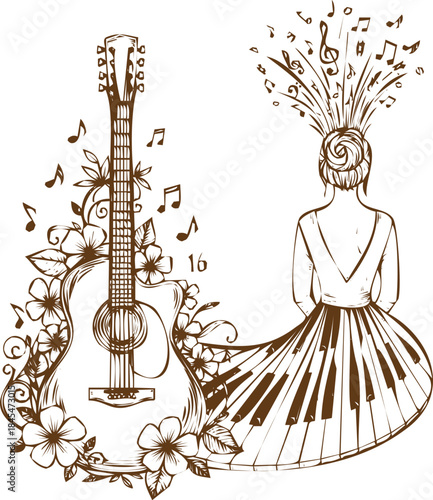 An engraving art style illustration a woman in a musical dress sitting next to a guitar with flowers and music notes around her