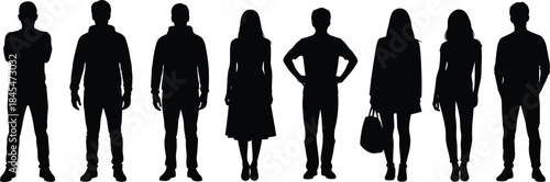 Diverse collection of professional business people silhouettes standing in a row for corporate teamwork and social community concepts.