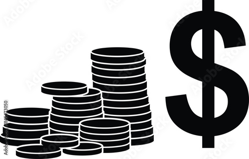 Stacked coins and dollar symbol icon, financial savings and wealth accumulation graphic, money value and investment concept illustration