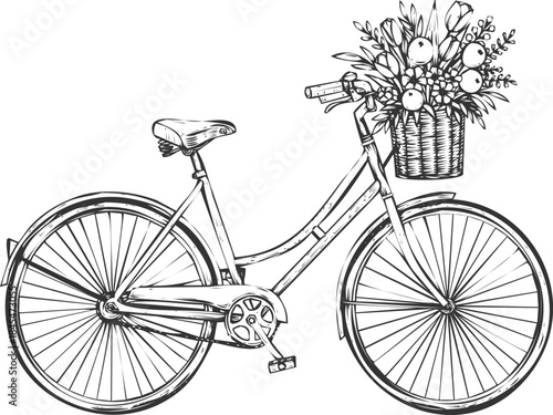 An engraving art style illustration a black and white illustration of a bicycle with a basket full of flowers on the handlebars
