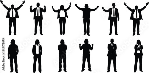 Diverse collection of professional business people and casual lifestyle silhouettes standing in various poses for corporate success concepts.