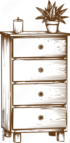 An engraving art style illustration vintage distressed white wooden dresser with decorative items on top