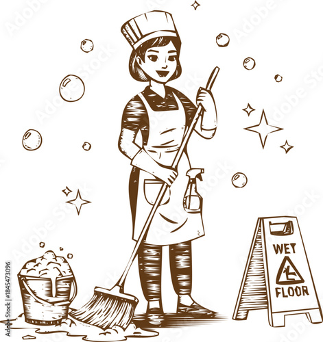 An engraving art style illustration a smiling chef wearing an apron and hat holding a broom standing next to a bucket and wet floor sign with cleaning supplies