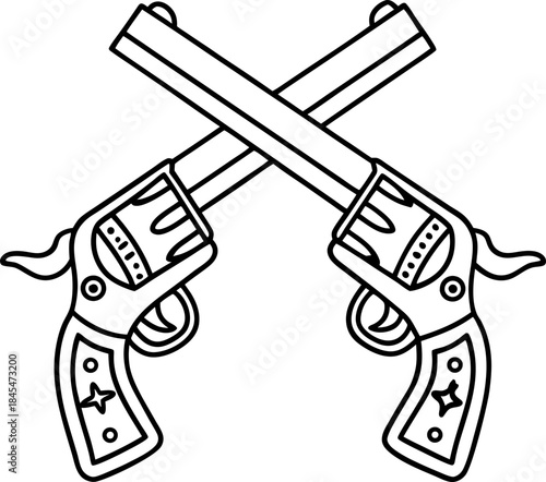 Crossed cowboy revolvers outline icon, western vintage pistols silhouette, gunslinger symbol