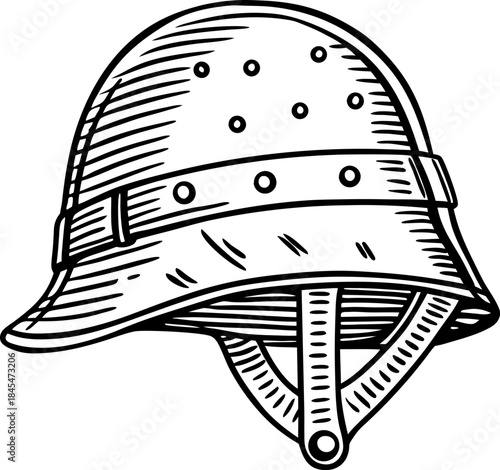 vintage military helmet icon hand drawn protective combat headgear illustration with chin strap
