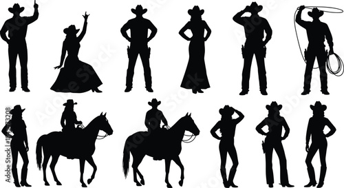 Cowboy and Cowgirl Silhouettes in Traditional Western Poses, Riding Horses, and Roping, Flat Vector Illustration, Wild West Icons