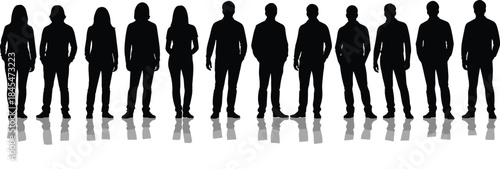 Diverse Group of Professional People Silhouettes Standing Together in a Line Reflecting on White Floor for Teamwork Concept Vector Illustration.