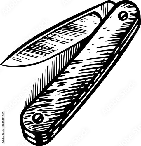 Folding pocket knife illustration, open blade, vintage engraving hand drawn tool