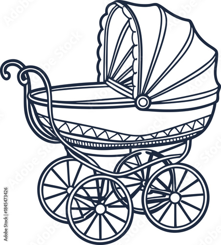 Vintage baby carriage with ornate canopy and large wheels, retro pram outline illustration