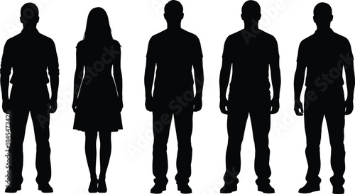 Group of male silhouettes with one female figure standing in a row as a concept of gender diversity