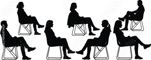 Group of diverse people silhouettes sitting in chairs having conversation and waiting in a modern social office environment