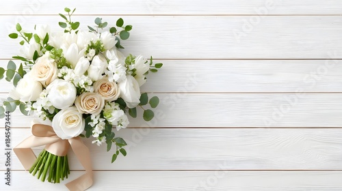 An elegant bridal bouquet featuring an assortment of fresh white and cream roses tulips and greenery artfully arranged and tied with a shimmering satin ribbon presented against a clean