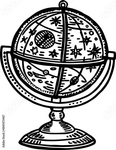 hand drawn armillary sphere globe with celestial stars, planets and vintage astronomical design
