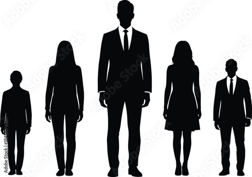 Group of professional business people silhouettes standing together, formal suit figures collection, executive team isolated on white background.