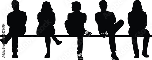 Group of people sitting on a bench silhouettes, casual diverse friends waiting together, community social gathering vector illustration.
