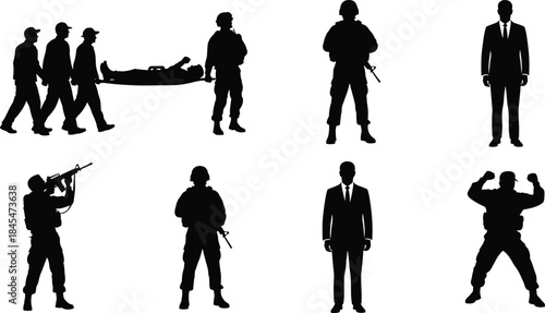 Military Soldier, Security Guard, and Businessman Silhouettes Set in Various Poses, Flat Vector Illustration, Professions and Authority Icons