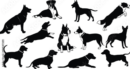 Set of Dog Silhouettes Representing Different Breeds in Various Poses, Jumping, Sitting, and Lying, Flat Vector Illustration, Pet Animals