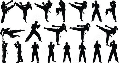 Set of Martial Arts Fighters Silhouettes in Dynamic Kicks and Punching Poses, Flat Vector Illustration, Karate and Taekwondo Practice Icons