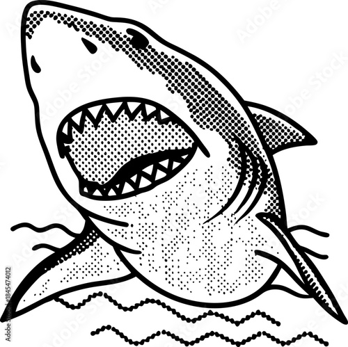 Fierce shark emerging from ocean waves with open mouth and sharp teeth in black dotwork illustration