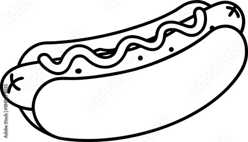 Outline hot dog with sausage and wavy sauce simple fast food icon for coloring pages and menus