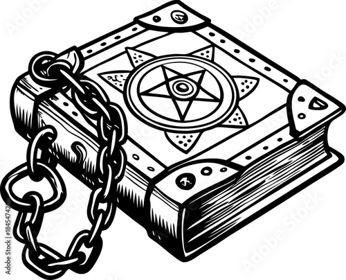 Ancient chained magic book with occult pentagram symbol and decorative mystical design