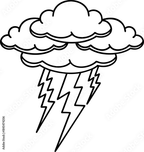 Storm cloud with lightning bolts simple weather icon outline for thunderstorm, rainy climate, forecast design