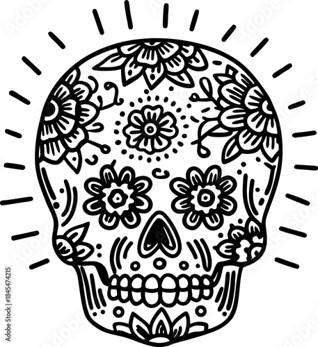 Skull sugar art with floral ornaments decorative dia de los muertos outline illustration