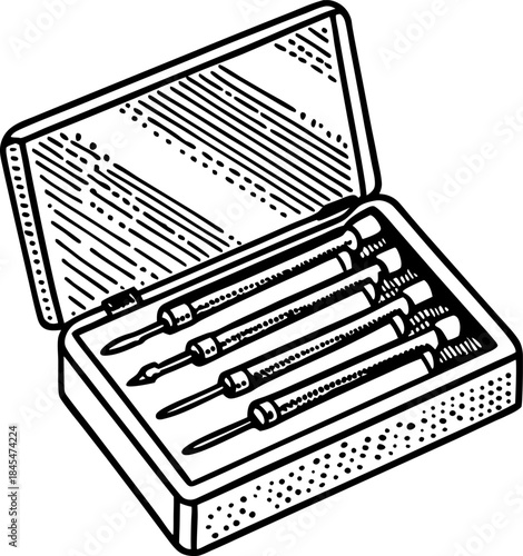 Precision screwdriver set in open box detailed hand tools illustration for repair and maintenance concepts