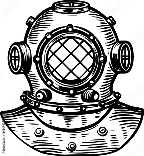 Vintage deep sea diving helmet illustration with porthole window, metal rivets and retro underwater exploration design