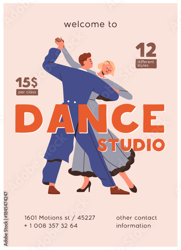 Dance studio, poster design. Foxtrot dancer couple, partners, ballroom school, class, promotion card template. Promo flyer, banner, placard, choreography performance. Flat vector illustration