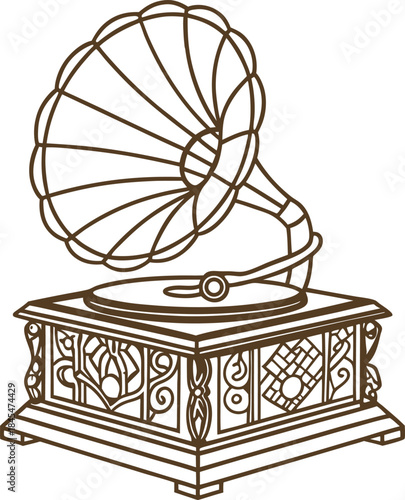 Vintage gramophone illustration with ornate floral details and classic horn turntable design
