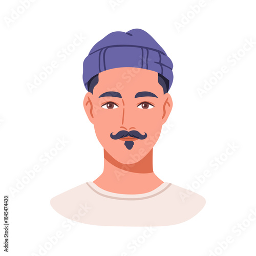 Young man in beanie hat, curled mustache, beard, face avatar. Modern style male character, head portrait. Trendy person with moustache. Flat vector illustration isolated on white background